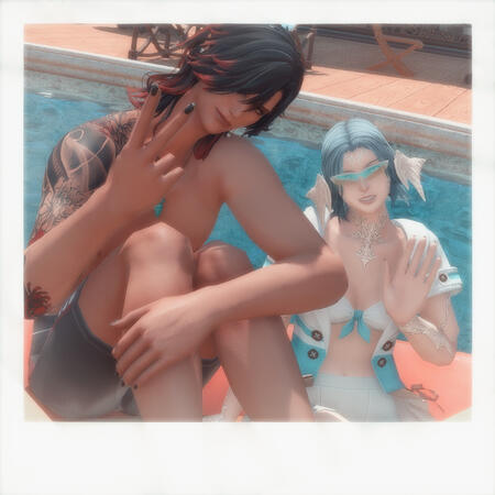 pp and cyrille posing for the camera at the pool